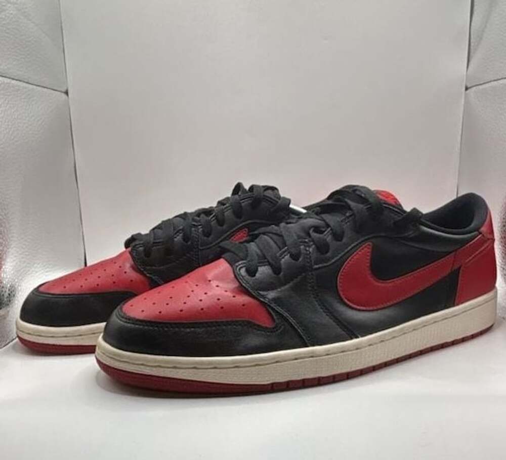 Air Jordan 1 Low Bred Black Red Leather Sneakers Size 10